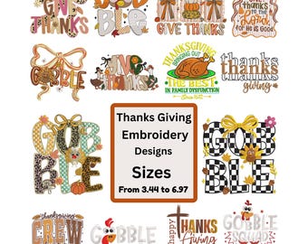 Può includere: Una collezione di ricami per il Ringraziamento con frasi come "Give Thanks" e "Gobble". L'immagine mostra vari stili e dimensioni, da 8,74 cm a 17,7 cm. Adatto per progetti di ricamo.