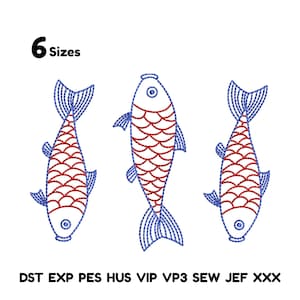 Könnte beinhalten: Drei gestickte Fischdesigns in Rot und Blau auf weißem Hintergrund. Die Fische haben detaillierte Schuppenmuster und Flossen. Der Text "6 Sizes" steht über den Fischen, und Stickdateiformate sind unten aufgeführt.