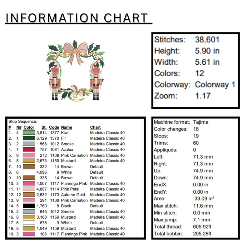 Puede incluir: Un gr&aacute;fico de informaci&oacute;n con detalles sobre un dise&ntilde;o de bordado. El dise&ntilde;o presenta una corona con un lazo, dos cascanueces y texto. La altura es de 15 cm, y el ancho es de 14,2 cm. Se utilizan 12 colores.