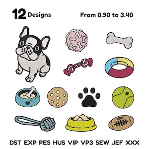 May include: An image featuring 12 embroidered dog-themed designs. Includes a French bulldog, dog toys, food bowls, paw print, and a football. The text reads "12 Designs" and "From 0.90 to 3.40".