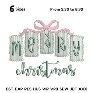 May include: A festive design with the words "MERRY CHRISTMAS" in a script font. The word "MERRY" is displayed on decorative banners, topped with a pink bow. The design includes the text "6 Sizes" and file type abbreviations.
