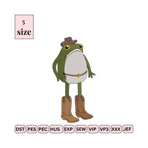 May include: Embroidered design of a green frog wearing a brown cowboy hat and boots. The frog has a white belly and a brown belt with a gold buckle. The image includes the text "5 size" and various embroidery file format abbreviations.