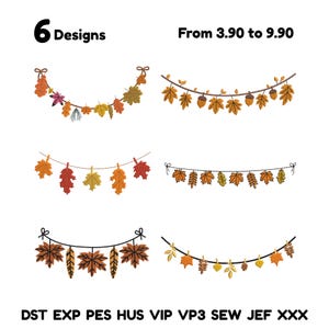 May include: Six embroidery designs featuring autumn leaf garlands in various styles. The leaves are in shades of orange, yellow, and brown. The text "6 Designs" is at the top left.