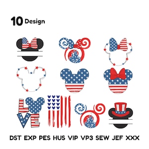 May include: A collection of ten patriotic designs featuring Mickey Mouse and Minnie Mouse silhouettes. Designs include stars and stripes, bows, and the word "LOVE". The text "10 Design" is at the top. Below are file format abbreviations.