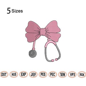 Peut inclure: Noeud rose avec un stéthoscope, motif de broderie en 5 tailles : DST, HUS, EXP, JEF, PES, PEC, SEW, VP3, XXX