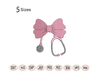May include: Pink bow with a stethoscope, embroidery design in 5 sizes: DST, HUS, EXP, JEF, PES, PEC, SEW, VP3, XXX