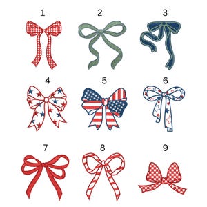 May include: Nine embroidered bow designs in various colours and patterns. The bows include red gingham, green, navy blue, and patriotic themes with stars and stripes. These decorative bows are suitable for crafts and embellishments.