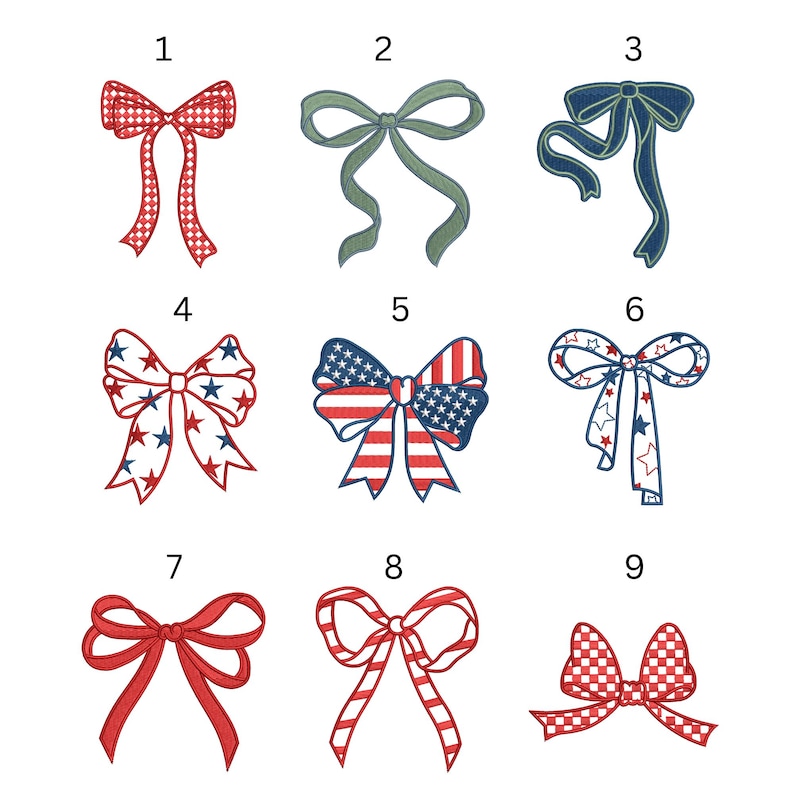 May include: Nine embroidered bow designs in various colours and patterns. The bows include red gingham, green, navy blue, and patriotic themes with stars and stripes. These decorative bows are suitable for crafts and embellishments.