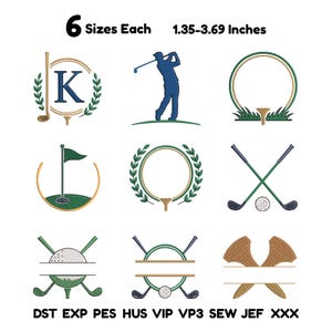 May include: A collection of nine golf-themed embroidery designs featuring clubs, balls, flags, and laurel wreaths. Text at the top reads 6 Sizes Each 1.35-3.69 Inches. File formats listed at the bottom include DST, EXP, PES, HUS, VIP, VP3, SEW, JEF, and XXX.