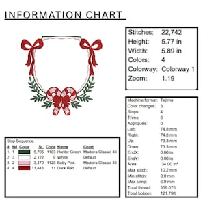 May include: An embroidery design chart featuring a Christmas wreath with red bows and candy canes. The design is 5.77 inches high and 5.89 inches wide, with 4 colors. The chart includes stitch count, color codes, and measurements.
