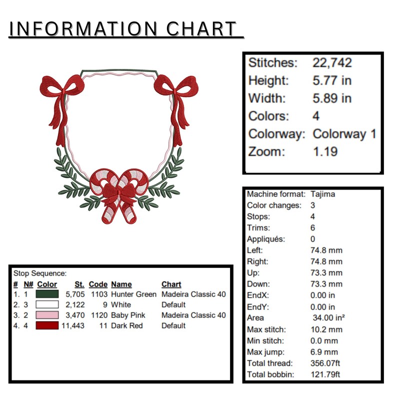 May include: An embroidery design chart featuring a Christmas wreath with red bows and candy canes. The design is 5.77 inches high and 5.89 inches wide, with 4 colors. The chart includes stitch count, color codes, and measurements.