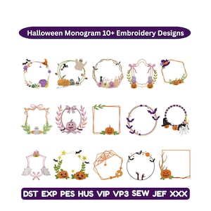 May include: A collection of Halloween-themed embroidery designs. The designs include various frames and wreaths decorated with pumpkins, ghosts, bats, and other spooky elements. The text "Halloween Monogram 10+ Embroidery Designs" is displayed at the top.