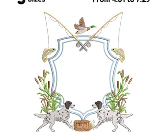Fishing Crest Frame Embroidery File Cute Mallard Duck Machine Embroidery Frame Bird Dog Crest with Leaves and Branches Embroidery Design