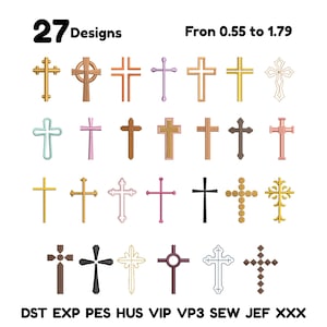 Puede incluir: Imagen con 27 diseños de cruces en varios colores, como dorado, marrón y rosa. El texto dice "27 Designs" y "Fron 0.55 to 1.79". También se incluyen abreviaturas de formatos de archivo.