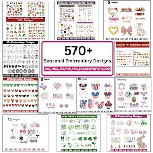 以下が含まれることがあります： さまざまな祝日やテーマの刺繍デザインのコレクション。クリスマス、ハロウィーン、秋、聖パトリックの日、イースター、愛国的なテーマのデザインが含まれています。画像には、「570+ Seasonal Embroidery Designs」というテキストとともに、さまざまなデザインが表示されています。