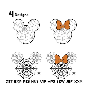May include: Four Halloween-themed designs featuring a mouse head silhouette with spiderwebs. Two designs include an orange bow. The designs are in black and white with the text "4 Designs" at the top and embroidery file formats at the bottom.