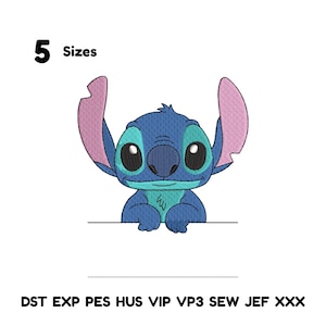 May include: A blue cartoon character with large black eyes and pink ears. The character is holding onto a white surface. The number 5 and the word "Sizes" are above the character. Below the white surface are the words "DST EXP PES HUS VIP VP3 SEW JEF XXX".
