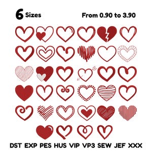 May include: A collection of red heart designs in various styles, including solid, outlined, and patterned. The image displays 6 sizes, ranging from 0.90 to 3.90 inches. The text at the bottom lists file formats.