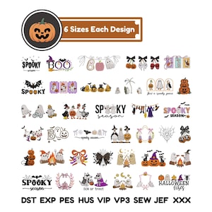 Op de afbeelding: Een verzameling digitale borduurontwerpen met Halloween-thema's zoals spoken, pompoenen, vleermuizen en katten. De tekst 6 Sizes Each Design staat bovenaan en de bestandsformaten DST, EXP, PES, HUS, VIP, VP3, SEW, JEF, XXX staan onderaan.