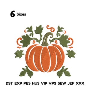 May include: An embroidered orange pumpkin with green leaves and vines. The design includes the text "6 Sizes" and various file type abbreviations. This fall-themed design is suitable for embroidery projects.