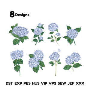 May include: Eight embroidery designs featuring blue hydrangea flowers with green leaves. The image includes the text "8 Designs" and file type abbreviations.