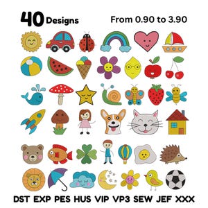 May include: A collection of 40 embroidered designs featuring various colorful cartoon images, including a sun, car, ladybug, rainbow, heart, sailboat, and more. The designs are available in multiple file formats.