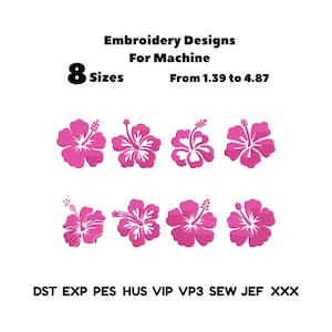 May include: Embroidery designs for machine featuring eight pink hibiscus flower patterns in various styles. The text reads Embroidery Designs For Machine, 8 Sizes, From 1.39 to 4.87, and file formats DST, EXP, PES, HUS, VIP, VP3, SEW, JEF, XXX.