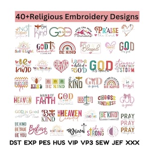 Könnte beinhalten: Eine Sammlung von über 40 religiösen Stickmustern. Die Designs enthalten Sätze wie „Gott ist gut“ und „Sei lieb“, zusammen mit Kreuzen, Regenbogen und anderen religiösen Symbolen. Das Bild listet auch Dateiformate auf.