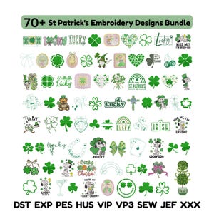 Può includere: Una collezione di oltre 70 ricami per la festa di San Patrizio. I disegni includono trifogli, folletti, Snoopy e le parole "Lucky" e "Irish". I disegni sono in verde e bianco. Il testo "70+ St Patrick's Embroidery Designs Bundle" è in alto.