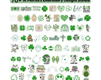 May include: A collection of over 70 St. Patrick's Day embroidery designs. The designs include shamrocks, leprechauns, Snoopy, and the words "Lucky" and "Irish". The designs are in green and white. The text "70+ St Patrick's Embroidery Designs Bundle" is at the top.