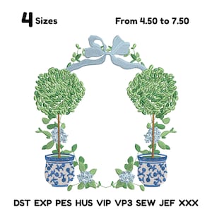 May include: An embroidered design featuring two topiary trees in blue and white pots, connected by a light blue bow. The design includes the text "4 Sizes" and "From 4.50 to 7.50". Additional text at the bottom includes "DST EXP PES HUS VIP VP3 SEW JEF XXX".