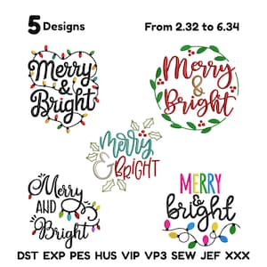 May include: Five Christmas-themed designs with the words "Merry & Bright" in various styles. One design is in a heart shape with string lights, another is in a wreath, and others have holly or string lights. The image also includes file formats.