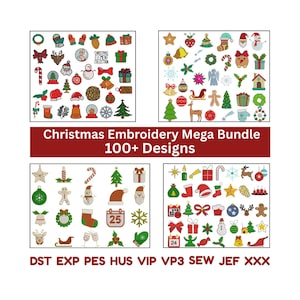 May include: A digital bundle of Christmas embroidery designs, showcasing over 100 designs. The image is divided into four sections, each filled with festive icons such as baubles, snowflakes, and Santa hats. Text reads "Christmas Embroidery Mega Bundle 100+ Designs."