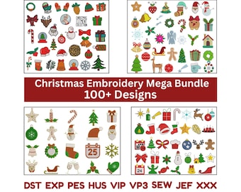 Könnte beinhalten: Ein digitales Design-Bundle mit über 100 Weihnachtsstickmotiven. Das Bild zeigt vier Quadranten mit verschiedenen festlichen Elementen wie Ornamenten, Schneeflocken und Weihnachtsmützen. Der Text lautet "Christmas Embroidery Mega Bundle 100+ Designs."