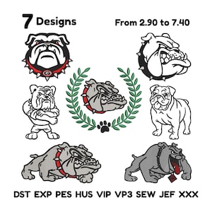 May include: Seven bulldog designs in various styles, including line art and detailed illustrations. The designs feature the bulldog with spiked collars and in a wreath. Text includes "7 Designs" and file type abbreviations.