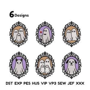 Op de afbeelding: Zes geborduurde spookontwerpen in sierlijke zwarte frames. Elk ontwerp toont een andere spookillustratie, sommige met vrienden, en een die een wijnglas vasthoudt. De tekst "6 Designs" staat bovenaan.