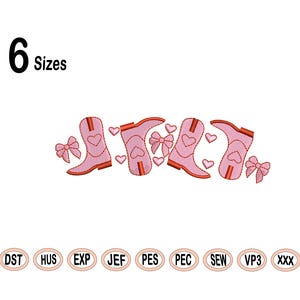 Valentine Day boots with bows and hearts machine embroidery design file | Valentine Cowboy Boot Row Fill and Machine Embroidery Design