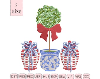 Blue Chinoiserie Topiary Embroidery Design,Pot Topiary Coquette Bow Embroidery Preppy Easter Embroidery Chinoiserie Topiary Digital emb