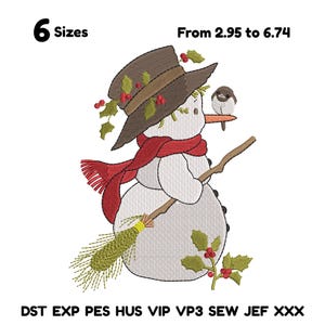 May include: An embroidered snowman design with a brown hat, red scarf, and a bird perched on its carrot nose. The snowman holds a broom and is decorated with holly. The image includes the text "6 Sizes".