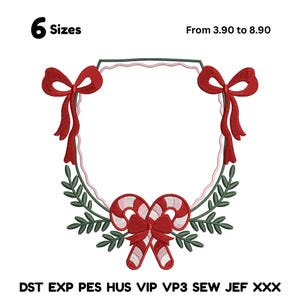 May include: An embroidered Christmas wreath design with red bows, candy canes, and green leaves. The design is in the shape of a hexagon. The text "6 Sizes" is at the top left.