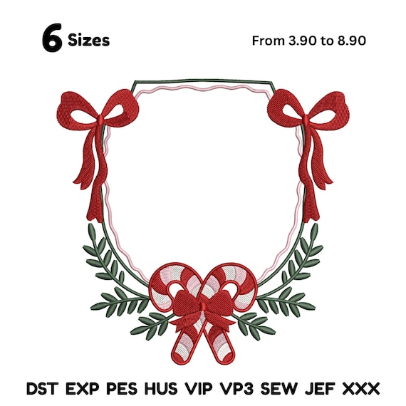 Christmas Wreath Embroidery Design Candy Cane Christmas Crest Embroidery Christmas Candy Cane Monogram Frame emb Bow and Rose Frame Emb