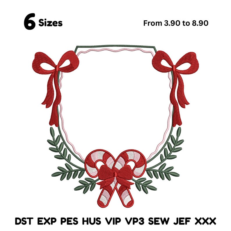 May include: An embroidered Christmas wreath design with red bows, candy canes, and green leaves. The design is in the shape of a hexagon. The text "6 Sizes" is at the top left.