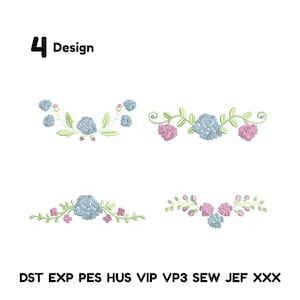 May include: Four floral embroidery designs in pastel colors. The designs include blue and pink flowers with green leaves. The word "Design" is above the designs. The image also contains the text "DST EXP PES HUS VIP VP3 SEW JEF XXX".