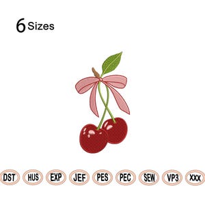May include: Embroidery design of two red cherries with a pink bow and green leaves. The design is available in six sizes: DST, HUS, EXP, JEF, PES, PEC, SEW, VP3, and XXX.