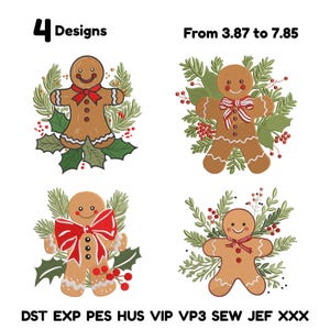 May include: Four gingerbread man designs with red bows and decorative greenery. The text "4 Designs" and "From 3.87 to 7.85" are displayed at the top. The bottom of the image displays the text "DST EXP PES HUS VIP VP3 SEW JEF XXX".