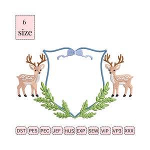 Buck Deer Crest with Leaves and Branches Embroidery Deer Crest Monogram Frame Embroidery Newborn Banner Crest Frame Embroidery