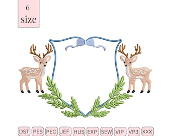 Buck Deer Crest with Leaves and Branches Embroidery Deer Crest Monogram Frame Embroidery Newborn Banner Crest Frame Embroidery