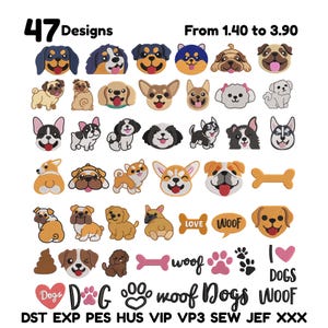 May include: A collection of 47 dog-themed designs, featuring various breeds and related icons. The designs include dog faces, bones, paw prints, and text like "Love" and "Woof". The price range is from 1.40 to 3.90.
