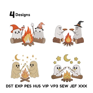 Peut inclure: Quatre motifs de broderie représentant des fantômes de dessins animés autour de feux de camp. Les fantômes portent des chapeaux et font griller des guimauves ou des hot-dogs. Le texte "4 Designs" est en haut, et les abréviations des types de fichiers sont en bas.