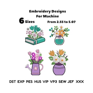 May include: Embroidery Designs For Machine 6 Sizes From 2.55 to 5.07. Four floral patterns: flowers in a teal book, flowers in a glass vase, flowers in a purple watering can, and flowers in a purple vase. File formats: DST EXP PES HUS VIP VP3 SEW JEF XXX.
